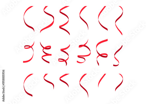 Group of red streamers and ribbons in various curled shapes, isolated on white for party decorations and festive design elements, graphic resource