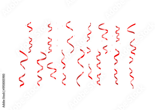 Hanging red streamers and ribbons, isolated on white background, festive elements for party celebrations and decorative graphic design, graphic resource