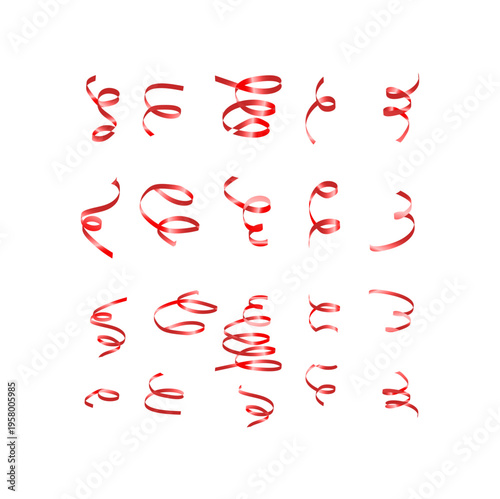 Collection of red ribbons and streamers in various curls and twists, isolated on white background for festive decoration and graphic elements, graphic resource