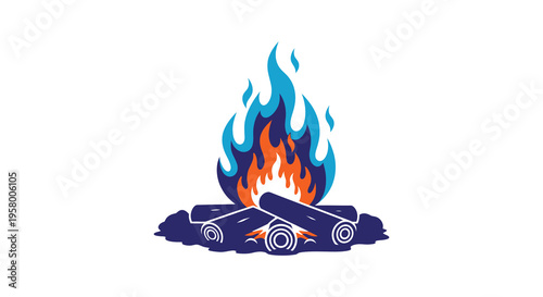 Stylized campfire illustration with vibrant colors and a dark silhouette