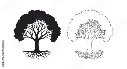 Two contrasting tree designs one solid and one outlined silhouette