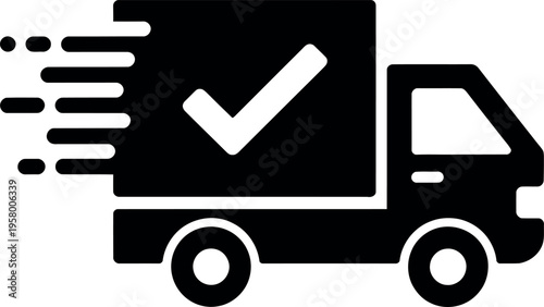 Fast delivery truck with checkmark symbol indicating successful shipment