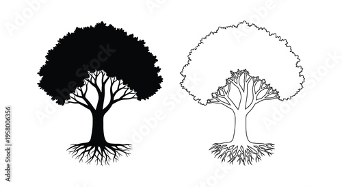 Two trees one solid black one outlined representing contrasting styles silhouette