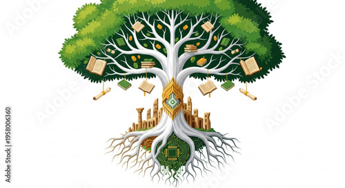 Tree of knowledge with books and city roots symbolizing growth and innovation in education and urban development