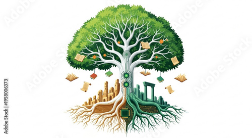 Sustainable eco friendly tree with cityscape roots and green leaves symbolizing environmental balance and harmony with nature