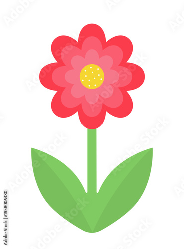 Red flower isolated on a white background. Flower with green leaves in flat style. Vector illustration, colored icon, design element.
