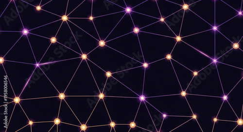 Glowing network connections on dark background with nodes and lines forming a complex web structure