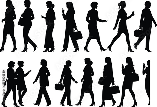 Business women silhouettes walking with handbags and smartphones, elegant female office people collection isolated on white background for professional lifestyle design