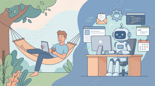 A man relaxing in a hammock with a robot working at a desk