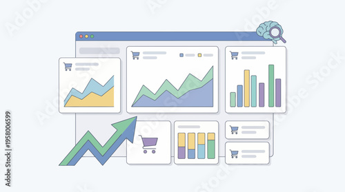 A colorful graph and chart display on a web browser with a magnifying glass