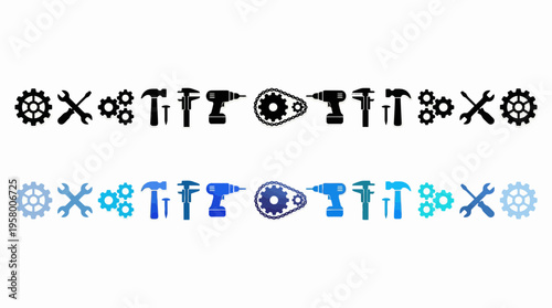 A row of tools and gears in black and blue