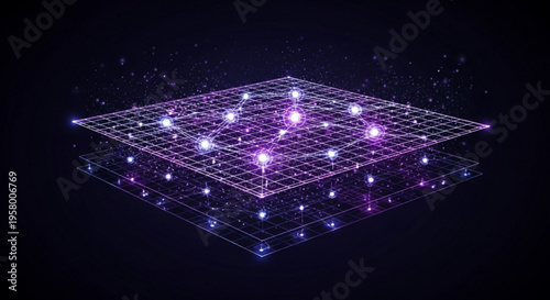Glowing purple and white grid network with nodes on a dark background representing technology and data connection