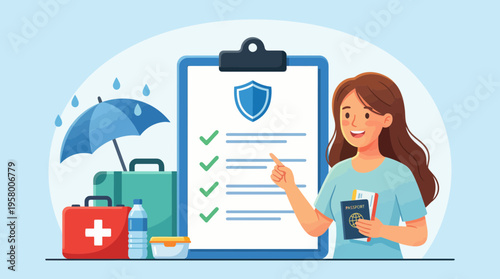 A woman holds a passport and points to a checklist