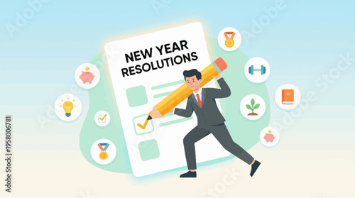 Man in suit holding large pencil for new year resolutions