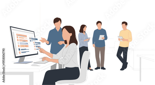 Diverse team collaborating on a project using technology.