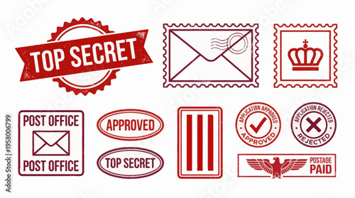 Collection of red rubber stamps for various postal and approval purposes