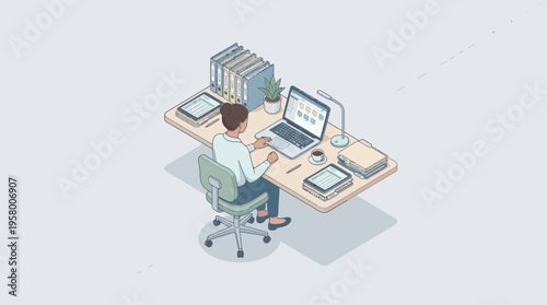 Woman sitting at a desk with a laptop and books