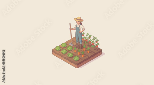 A cartoon gardener standing in a garden with vegetables