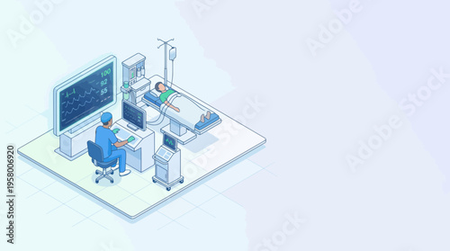 Doctor and patient in a hospital room with medical equipment