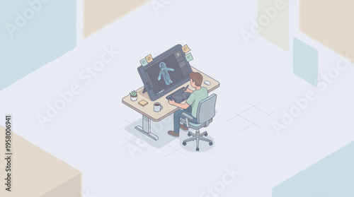A man sitting at a desk with a computer and drawing on a graphics tablet