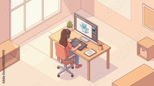 A woman sitting at a desk with a computer and graphics tablet