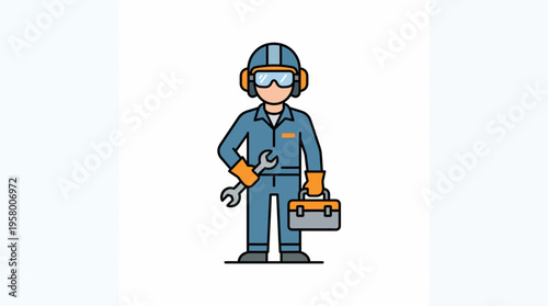 A cartoon man in a blue jumpsuit holding a wrench and toolbox