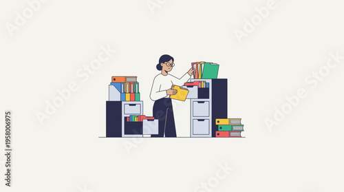 Woman organizing files in office storage units