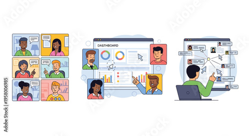 Diverse team collaborating on a virtual meeting and project planning.