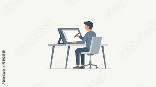 A man sitting at a desk working on a graphics tablet