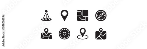 Navigation and map icons set including location pins compass map grids and tracking symbols for digital interface and global positioning use