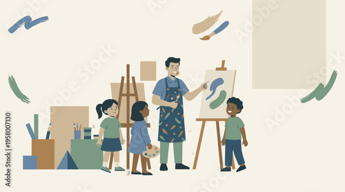 A man and three children in an art studio