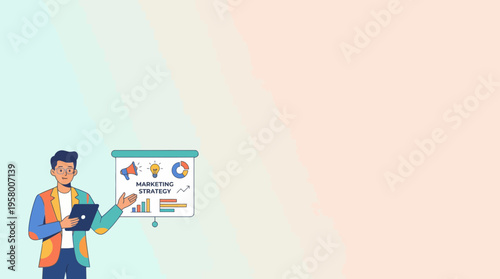 A man presenting a marketing strategy on a whiteboard