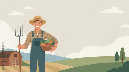 A farmer holds a basket of vegetables and a pitchfork on a farm