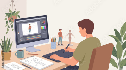 A man sitting at a desk with a computer and graphics tablet