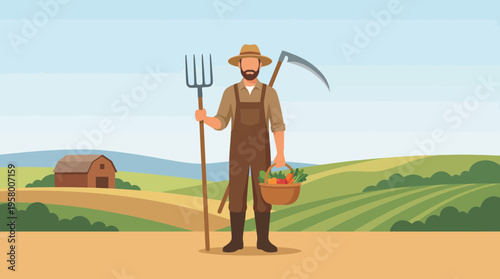 A cartoon farmer standing on a farm with a basket of vegetables