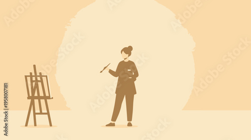 A woman in a yellow jacket stands next to an easel holding a paintbrush