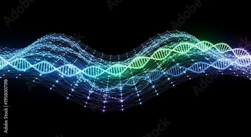 Glowing dna double helix structures wave in a gradient of blue green and purple hues on a black background representing genetic code and biotechnology concepts