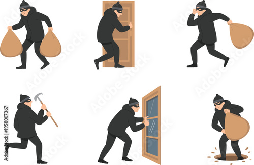 Cartoon burglar character set in different actions, thief stealing and breaking into house, crime concept illustration in flat style