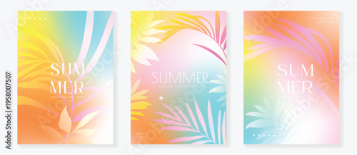 Summer poster vector set with tropical palm leaves and bright orange yellow green gradient background. Botanical holiday flyer collection for beach party, vacation promotion and seasonal wall art.