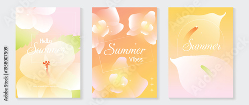 Summer floral poster vector set with soft pastel gradient hibiscus and plumeria flowers. Tropical botanical background collection for seasonal promotion, beach holiday flyer, wall art and social media