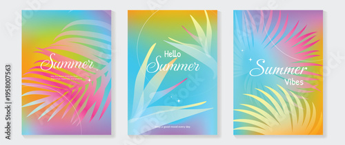 Summer tropical poster vector set with pastel gradient monstera and palm leaves. Modern botanical background collection for beach holiday flyer, seasonal promotion, wall art and social media design.