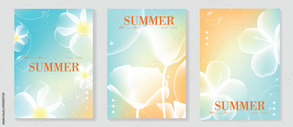 Obraz premium Summer floral poster vector set with soft pastel gradient hibiscus and plumeria flowers. Tropical botanical background collection for seasonal promotion, beach holiday flyer, wall art and social media