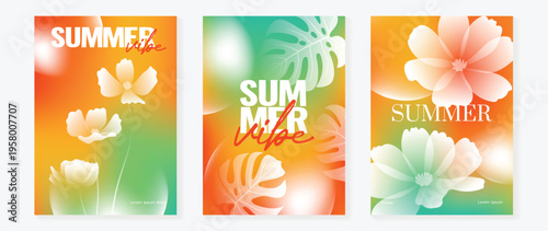 Summer floral poster vector set with soft pastel gradient hibiscus and plumeria flowers. Tropical botanical background collection for seasonal promotion, beach holiday flyer, wall art and social media