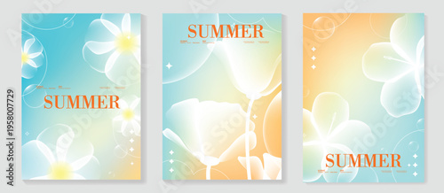 Summer floral poster vector set with soft pastel gradient hibiscus and plumeria flowers. Tropical botanical background collection for seasonal promotion, beach holiday flyer, wall art and social media