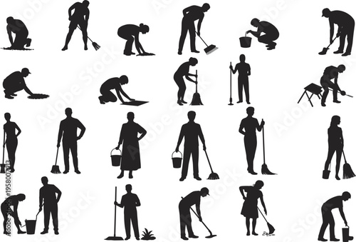 Cleaning and gardening workers silhouette set with people sweeping raking planting and housekeeping tasks, black isolated vector collection