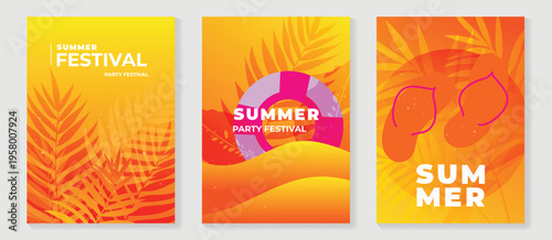 Summer festival poster vector set with tropical palm leaves, lifebuoy, flip flops and bright orange yellow beach elements. Colorful seasonal party background collection for vacation flyer, event banne