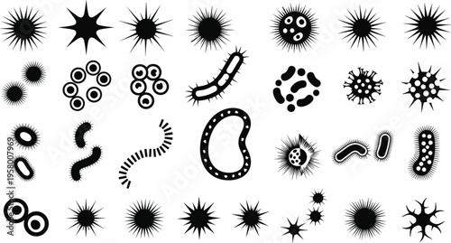 Silhouette illustration of diverse microorganisms including bacteria and viruses, showing spiky, circular, rod-like, and spiral forms for microbiology concepts