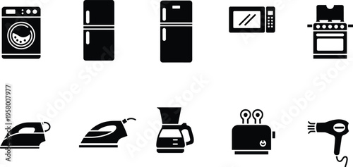 Silhouette icons of household appliances including washing machine, refrigerator, microwave, stove, iron, coffee maker, toaster, and hair dryer vector art