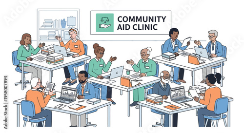 Diverse group of people working together in a community aid clinic setting.