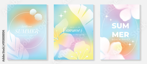 Summer poster vector set with pastel gradient tropical flowers and abstract botanical elements. Colorful holiday invitation background collection for beach party, seasonal promotion, flyer and social 